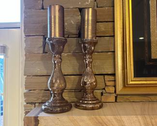 R64 - $15 - PAIR of Glass Candle Holders. Measures 12" tall.