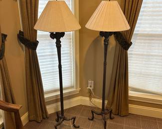 R76 - $75 - Pair of Floor Lamps. Measures 61" tall. Metal Bases - shades are in very good condition.
