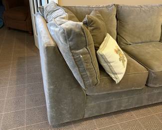 R90 - $75 - Green Microfiber Couch. Measures 92" long x 37" deep x 30.5" tall. (Might be part of a sectional - only one arm is rolled)