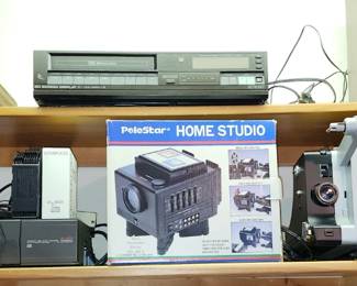 Kenwood 10 disc autochanger, VHS player. RCA VHS movie camera/ recorder. Sears speakers with stereo. Home Studio reel player.