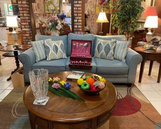 BLUE 3 CUSHION SOFA AND ASHLEY ROUND COFFEE TABLE