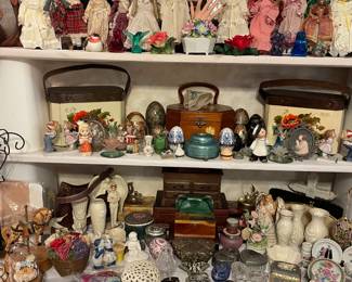 PORCELAIN DOLLS, WOOD PURSES, COVERED BOXES AND JEWELRY BOXES