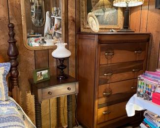 VINTAGE CHEST, ANTIQUE SPOOL LEG TABLE