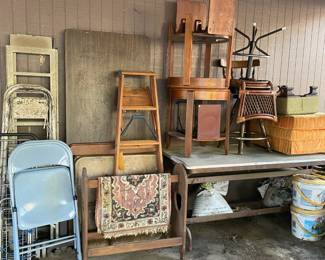 LADDERS, METAL FOLDING CHAIRS 2 ROUND END TABLES