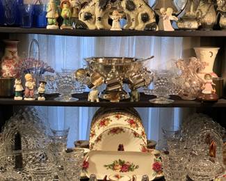 ROYAL ALBERT OLD COUNTRY ROSE, FOSTORIA, SILVER PLATE PUNCH BOWL AND CUPS