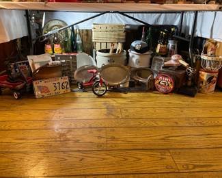 # 5 CROCK, ENAMEL WARE, PEWTER TRAYS MINI TRICYCLE AND WAGON
