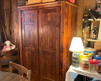 CEDAR WARDROBE AND OAK AND INDIAN BASKET