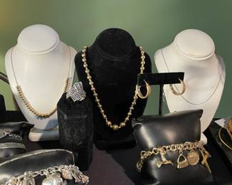 14K GOLD 2 BEADED NECKLACES, EARRINGS, CHARM BRACET AND RING