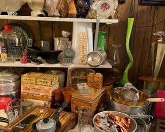 WOOD CANISTER, COOKIE CUTTERS OIL LAMP AND ART GLASS