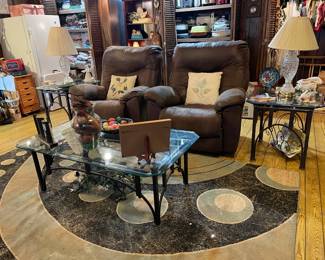 2 RECLINERS IRON AND GLASS TOP COFFEE TABLE AND 2 MATCHING END TABLES