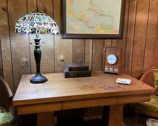 TIGER OAK LIBRARY TABLE AND STAIN GLASS LAMP