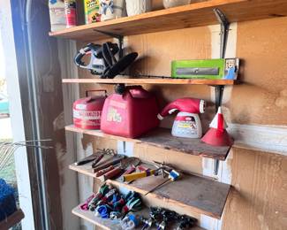 tools, gas cans,. sprinklers