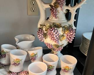 Vintage grapes and leaves tea cups, pitcher, serving plate