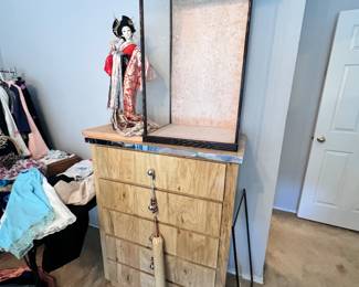 Geisha doll and display box, dresser
