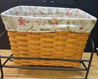 2000 Longaberger Large Newspaper Magazine Basket w Liner, Leather Handles Wrought Iron Shelf