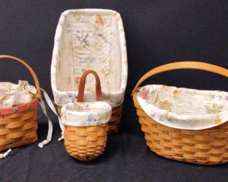 Four 2007 Longaberger Baskets With Floral Fabric And Plastic Inserts 