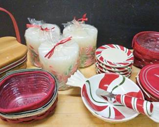 Longaberger 2009, 2012, 2013, 2016 Holiday Helper Peppermint Swirl Dip Set, Coasters,  Candles