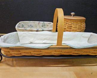 2005 Longaberger Baguette Basket W Wrought Iron Stand Round Canister Basket Desk Basket 