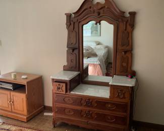 WALNUT MARBLE TOP LARGE DRESSER