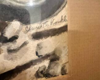 Matted Painting of Man Shoveling - Signed Claudette K