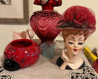 Fenton Cranberry Glass Drape Vase, 1950’s Southern Belle Bust Vase