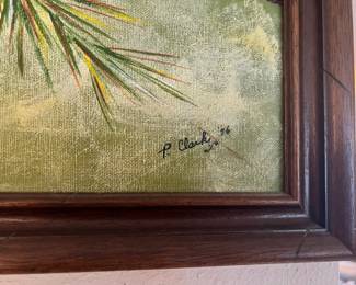 Framed Painting of Pinecones on Branch by P. Clark