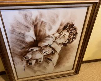 Framed Painting of Girl Sleeping with Teddy Bear Signed by Henry