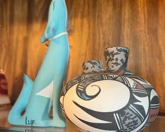 Turquoise Southwestern Hand Painted Coyote - Signed Lupe, 1986 Hand Painted Ceramic Hopi Bird Vase by Desert Pueblo Pottery