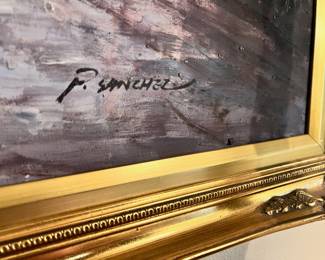 City Scene Oil Painting by P. Sanchez with Ornate Gold Tone Frame