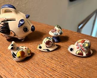 Tonala Pottery - 2 Snail Figurines, Mushroom Figurine, Bird Figurine, Piggy Bank