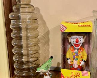Holmegaard "Primula" Smoky Glass Apothecary Jar, Green/White Ceramic Bird Figurine, J.P. Patches Clown Bobblehead in Box