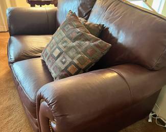 Pair of Newport Throw Pillows, Brown Leather Love Seat with Studded Arms
