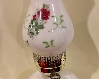 Milk Glass Floral Painted Hurricane Lamp