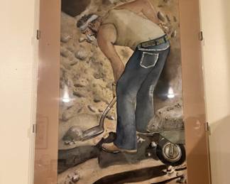 Matted Painting of Man Shoveling - Signed Claudette K