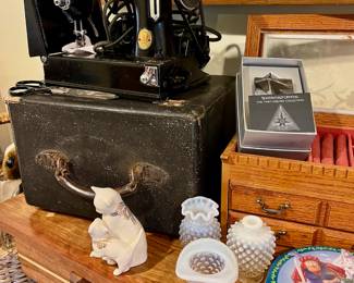 1935 Singer Featherweight Sewing Machine, 1995 Lenox Jewels Collection "Mother Cat & Kitten" Figurine, White Opalescent Hobnail Vases