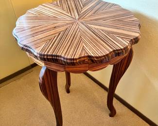 Inlaid Wood Grain Starburst Pattern Side Table with Scalloped Top