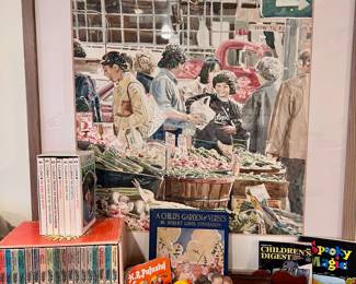 Assortment of Pike Place Market Watercolor Prints, 1950's Dandelion Library 18 Book Set, 1970 H.R. Pufnstuf Illustrated Book, 1919 A Child's Garden of Verses by Robert Louis Stevenson, Circa 1960's Walt Disney Productions Pinocchio Hand Puppet