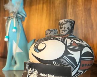 Turquoise Southwestern Hand Painted Coyote - Signed Lupe, 1986 Hand Painted Ceramic Hopi Bird Vase by Desert Pueblo Pottery