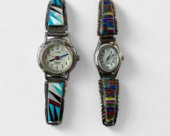 2 Fine Native American Sterling Silver Inlaid Turquoise, Lapis Lazuli, Coral Wristwatches - 48 Grams Weighted
