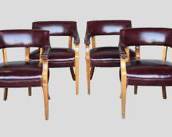 4 HICKORY LEATHER Vintage Wood and Leather Arm Chairs with Brass Tack Accents
