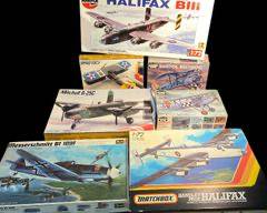 7 NOS Model Airplane Kits - Messerschmitt BF 109f 1/32, Halifax BMk I/II 1/72, Mitchell B-25C 1/72, Hawker Fury 1/48, Spad 13C.1 1/48, Bristol Bulldog 1/48, Halifax BIII 1/72
