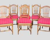 Six 20th C Italian Wood Spindle Back Rush Seat Chairs with Hand Carved Floral Design
