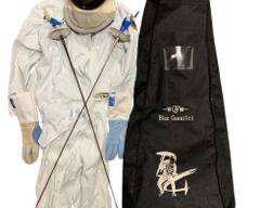 Blue Gauntlet Fencing Gear Set With Blue Gauntlet M001-BG 3 Weapon Helmet and Three Swords! Includes Full Set of Padded Uniform With Gloves, Hard Plastic Chest Protector, Electronic Components, Carrying Bag, Club Jacket and More!
