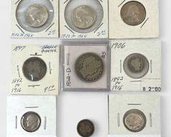 U.S. Silver Coins: 1961,1964 Washington 90% Silver Coins, 1912-D Barber Half Dollar, 1953,1964 Roosevelt 90% Silver Dimes, 1897 Barber Quarter
