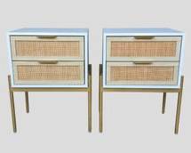 Pair Mid-Century Modern Style MCM Side Tables Rattan Woven Fronts, 2 Drawers, Brushed Gold Hardware
