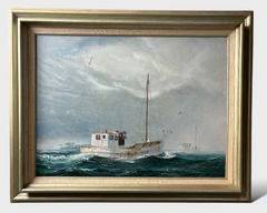 Very Fine Oil On Masonite Framed Maritime Seascape Painting Of The Mary L. Fishing Boat
