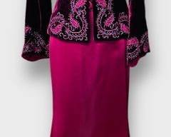 Carmen Marc Valvo Signature Vintage Velvet Jacket with Floral Embellishments and High-Waisted Skirt Size 6
