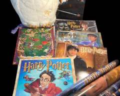 Harry Potter Collectibles Lot - Hedwig Stuffed Toy, Chamber of Secrets Piano Music Book, 4 Calendars from 2001-04, Magnetic Quidditch Game Board, and 3 Posters
