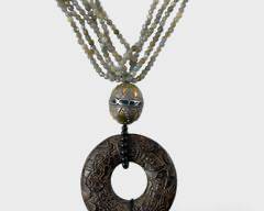 Vintage Tribal Labradorite Carved Stone Disc 22 Inch Statement Necklace
