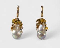 Fine Gold Filled Baroque Pearl Opal Statement Pierced Hoop Earrings
